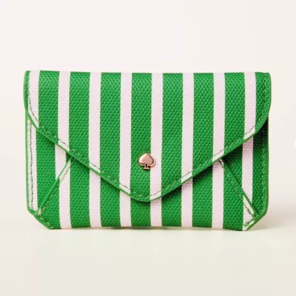 KATE SPADE x Target Card Case Green and White Striped Envelope Mini Wallet NWT